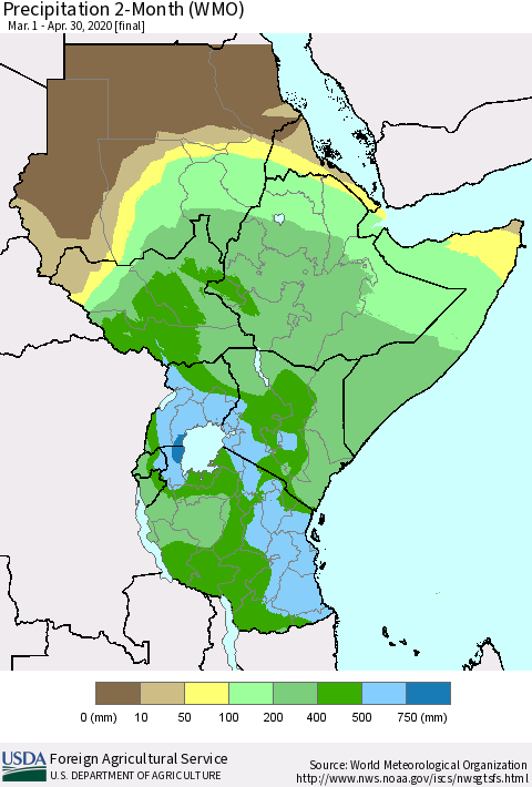 Eastern Africa Precipitation 2-Month (WMO) Thematic Map For 3/1/2020 - 4/30/2020