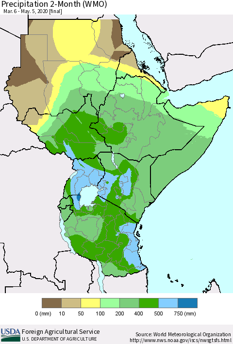 Eastern Africa Precipitation 2-Month (WMO) Thematic Map For 3/6/2020 - 5/5/2020