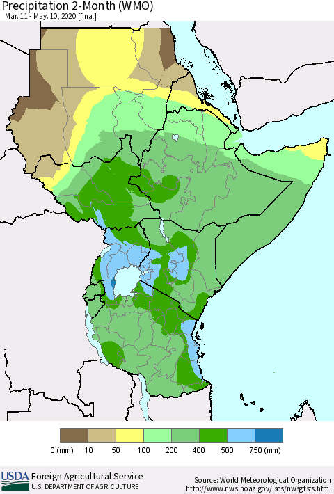 Eastern Africa Precipitation 2-Month (WMO) Thematic Map For 3/11/2020 - 5/10/2020