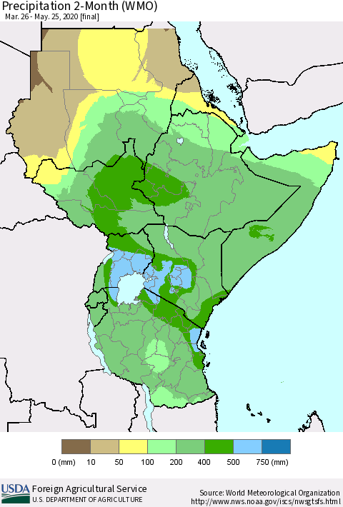 Eastern Africa Precipitation 2-Month (WMO) Thematic Map For 3/26/2020 - 5/25/2020