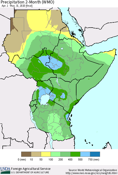 Eastern Africa Precipitation 2-Month (WMO) Thematic Map For 4/1/2020 - 5/31/2020