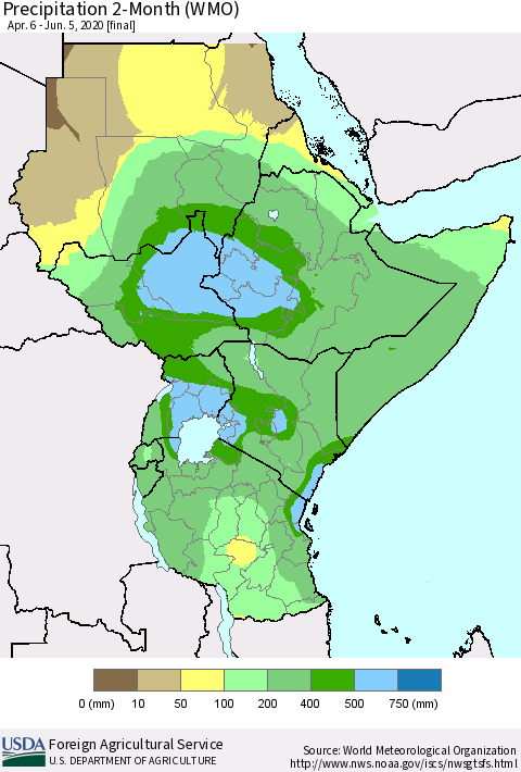 Eastern Africa Precipitation 2-Month (WMO) Thematic Map For 4/6/2020 - 6/5/2020