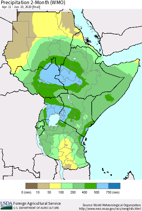 Eastern Africa Precipitation 2-Month (WMO) Thematic Map For 4/11/2020 - 6/10/2020