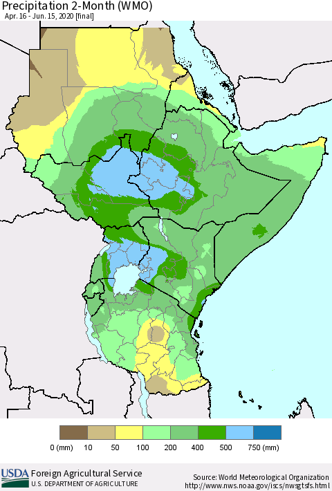 Eastern Africa Precipitation 2-Month (WMO) Thematic Map For 4/16/2020 - 6/15/2020