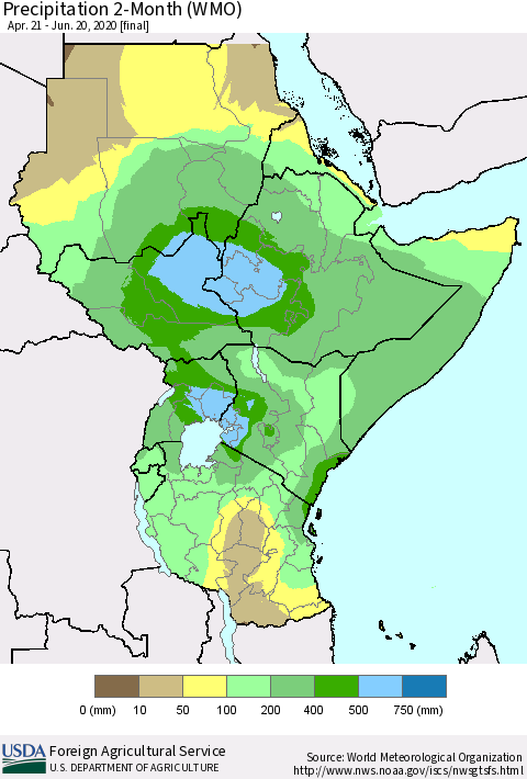 Eastern Africa Precipitation 2-Month (WMO) Thematic Map For 4/21/2020 - 6/20/2020
