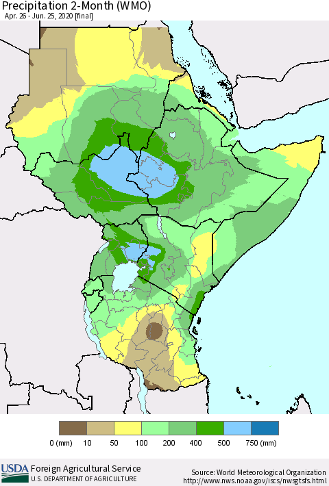 Eastern Africa Precipitation 2-Month (WMO) Thematic Map For 4/26/2020 - 6/25/2020