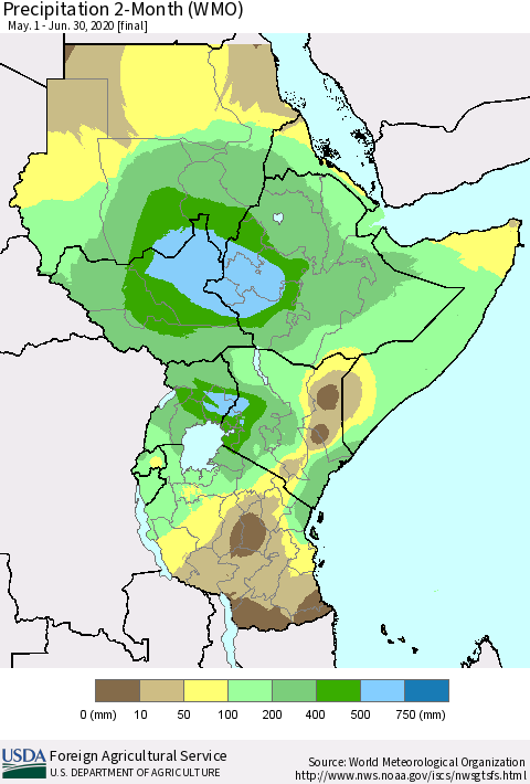 Eastern Africa Precipitation 2-Month (WMO) Thematic Map For 5/1/2020 - 6/30/2020