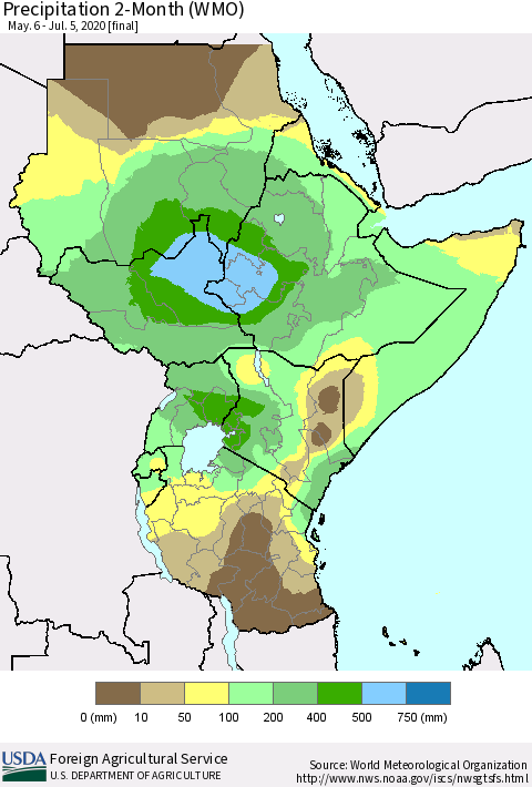Eastern Africa Precipitation 2-Month (WMO) Thematic Map For 5/6/2020 - 7/5/2020