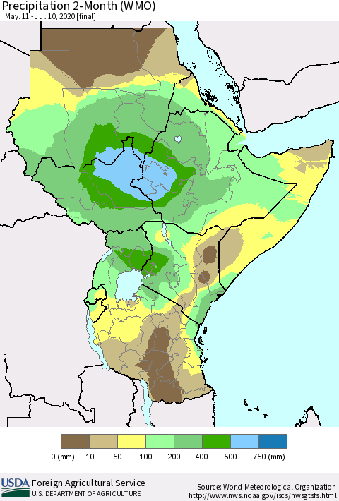 Eastern Africa Precipitation 2-Month (WMO) Thematic Map For 5/11/2020 - 7/10/2020