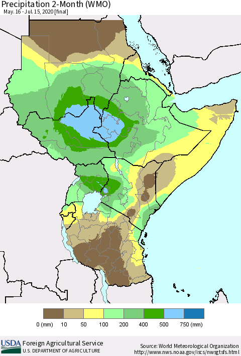 Eastern Africa Precipitation 2-Month (WMO) Thematic Map For 5/16/2020 - 7/15/2020