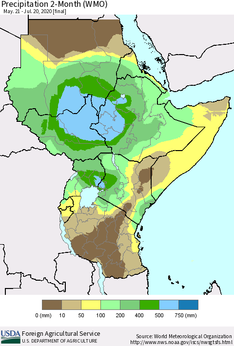Eastern Africa Precipitation 2-Month (WMO) Thematic Map For 5/21/2020 - 7/20/2020