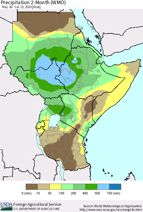 Eastern Africa Precipitation 2-Month (WMO) Thematic Map For 5/26/2020 - 7/25/2020