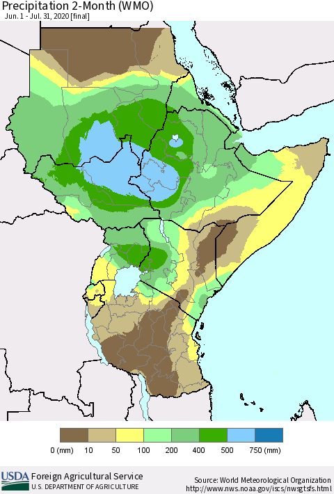 Eastern Africa Precipitation 2-Month (WMO) Thematic Map For 6/1/2020 - 7/31/2020