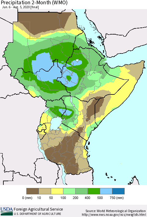 Eastern Africa Precipitation 2-Month (WMO) Thematic Map For 6/6/2020 - 8/5/2020