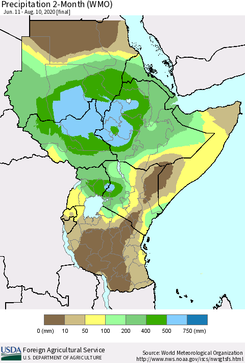 Eastern Africa Precipitation 2-Month (WMO) Thematic Map For 6/11/2020 - 8/10/2020