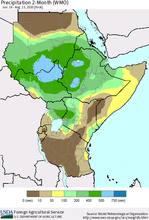 Eastern Africa Precipitation 2-Month (WMO) Thematic Map For 6/16/2020 - 8/15/2020