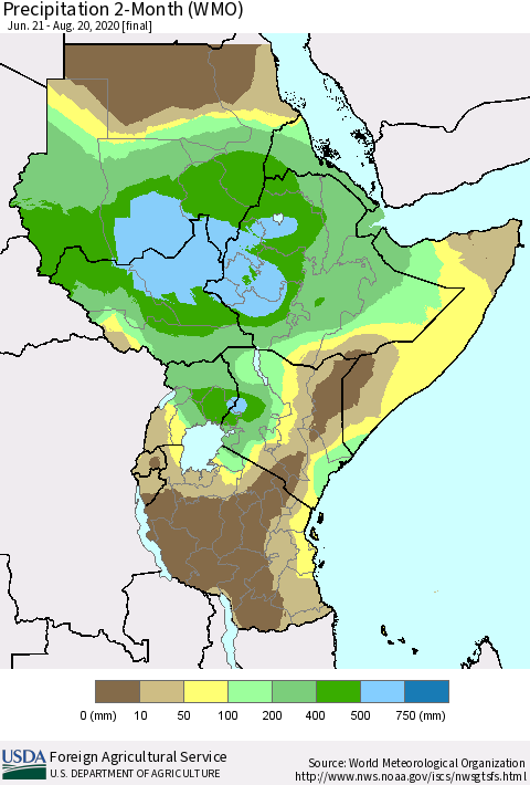 Eastern Africa Precipitation 2-Month (WMO) Thematic Map For 6/21/2020 - 8/20/2020