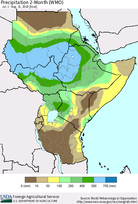 Eastern Africa Precipitation 2-Month (WMO) Thematic Map For 7/1/2020 - 8/31/2020