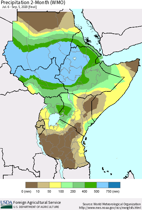 Eastern Africa Precipitation 2-Month (WMO) Thematic Map For 7/6/2020 - 9/5/2020