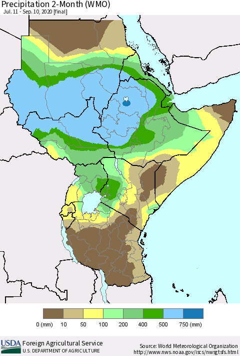 Eastern Africa Precipitation 2-Month (WMO) Thematic Map For 7/11/2020 - 9/10/2020