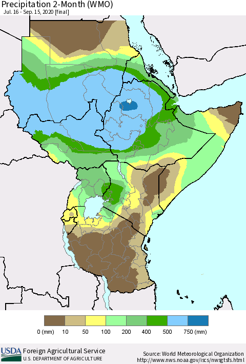 Eastern Africa Precipitation 2-Month (WMO) Thematic Map For 7/16/2020 - 9/15/2020