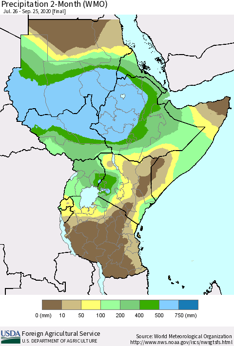 Eastern Africa Precipitation 2-Month (WMO) Thematic Map For 7/26/2020 - 9/25/2020