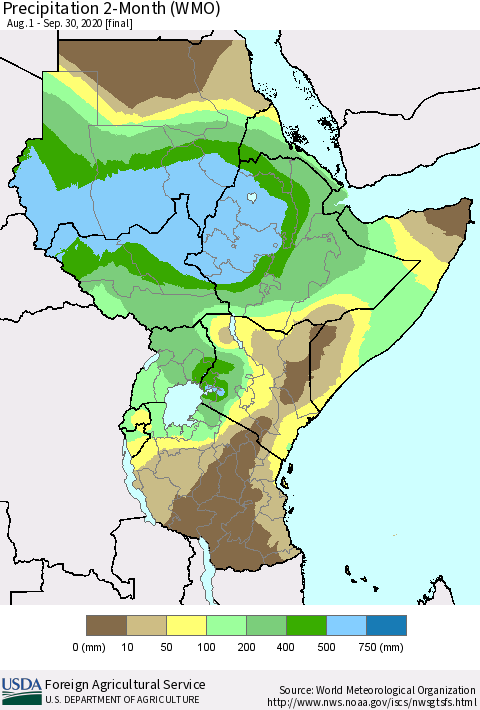 Eastern Africa Precipitation 2-Month (WMO) Thematic Map For 8/1/2020 - 9/30/2020