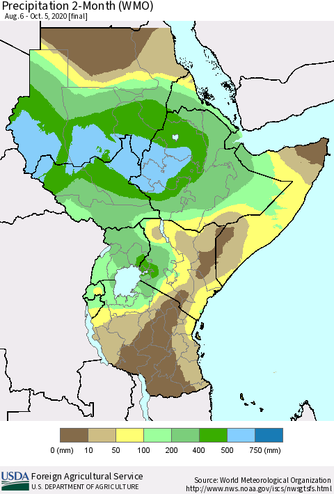 Eastern Africa Precipitation 2-Month (WMO) Thematic Map For 8/6/2020 - 10/5/2020