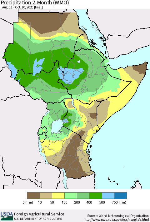 Eastern Africa Precipitation 2-Month (WMO) Thematic Map For 8/11/2020 - 10/10/2020