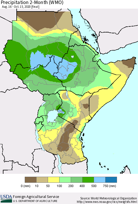 Eastern Africa Precipitation 2-Month (WMO) Thematic Map For 8/16/2020 - 10/15/2020