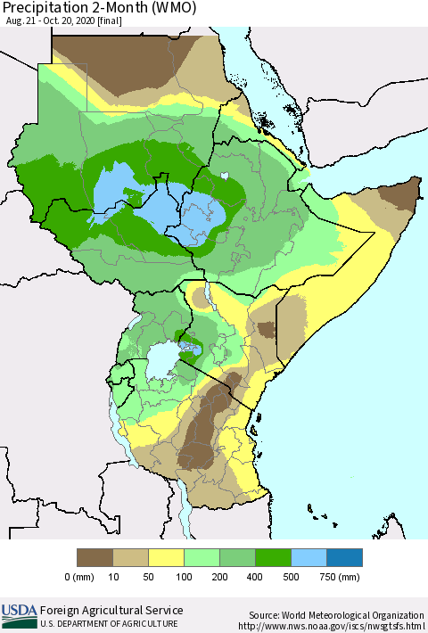 Eastern Africa Precipitation 2-Month (WMO) Thematic Map For 8/21/2020 - 10/20/2020