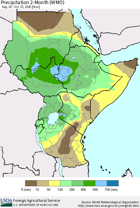 Eastern Africa Precipitation 2-Month (WMO) Thematic Map For 8/26/2020 - 10/25/2020