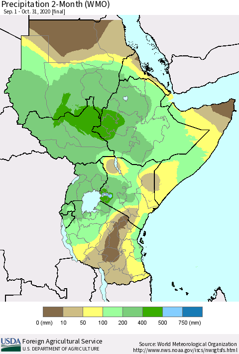 Eastern Africa Precipitation 2-Month (WMO) Thematic Map For 9/1/2020 - 10/31/2020