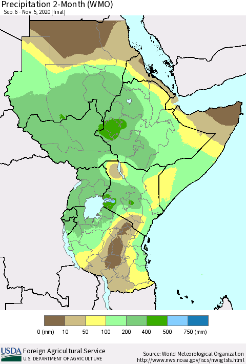 Eastern Africa Precipitation 2-Month (WMO) Thematic Map For 9/6/2020 - 11/5/2020