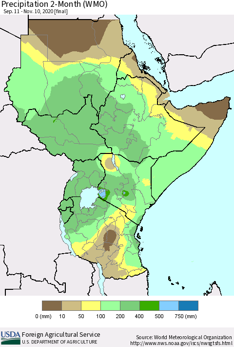 Eastern Africa Precipitation 2-Month (WMO) Thematic Map For 9/11/2020 - 11/10/2020