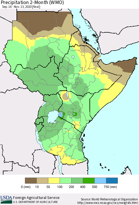 Eastern Africa Precipitation 2-Month (WMO) Thematic Map For 9/16/2020 - 11/15/2020