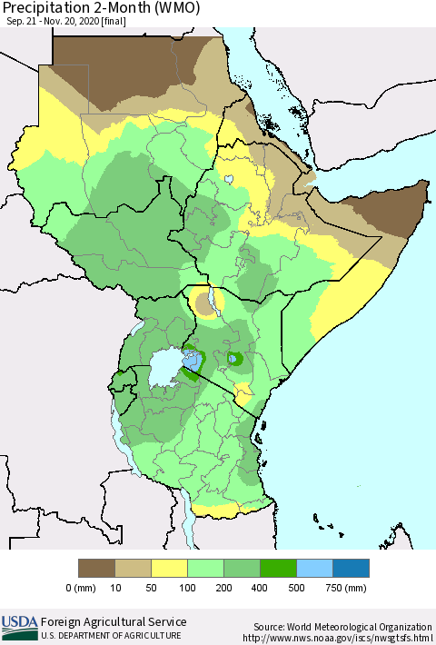 Eastern Africa Precipitation 2-Month (WMO) Thematic Map For 9/21/2020 - 11/20/2020