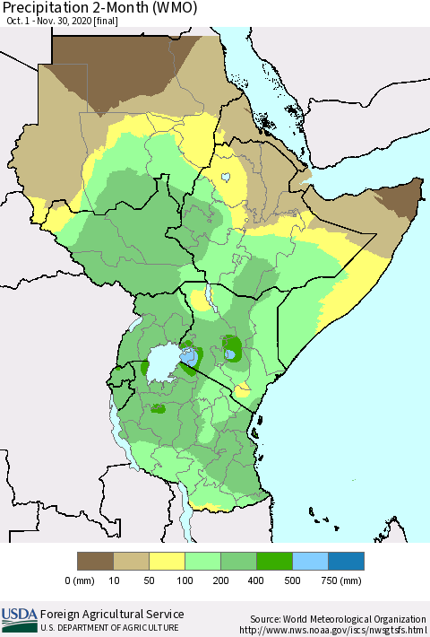 Eastern Africa Precipitation 2-Month (WMO) Thematic Map For 10/1/2020 - 11/30/2020
