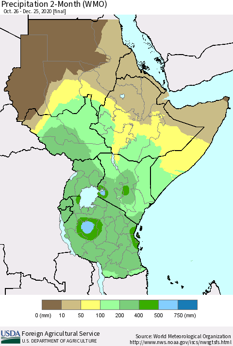 Eastern Africa Precipitation 2-Month (WMO) Thematic Map For 10/26/2020 - 12/25/2020