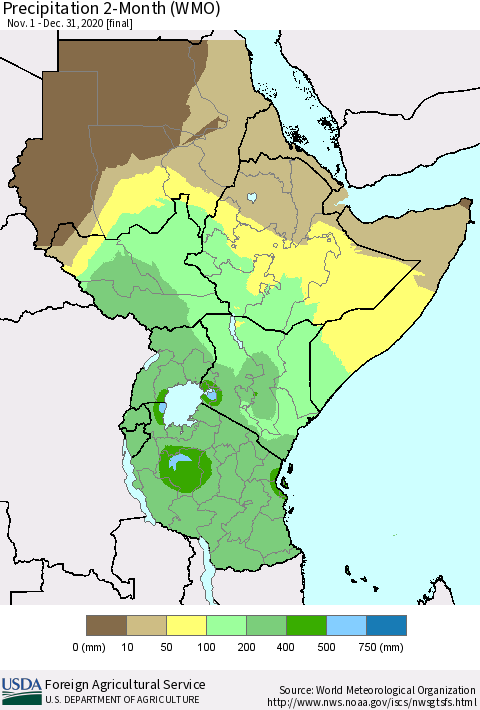 Eastern Africa Precipitation 2-Month (WMO) Thematic Map For 11/1/2020 - 12/31/2020