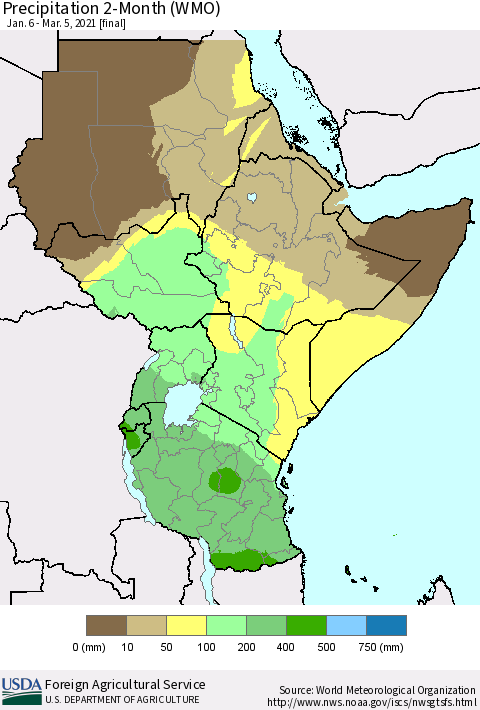 Eastern Africa Precipitation 2-Month (WMO) Thematic Map For 1/6/2021 - 3/5/2021