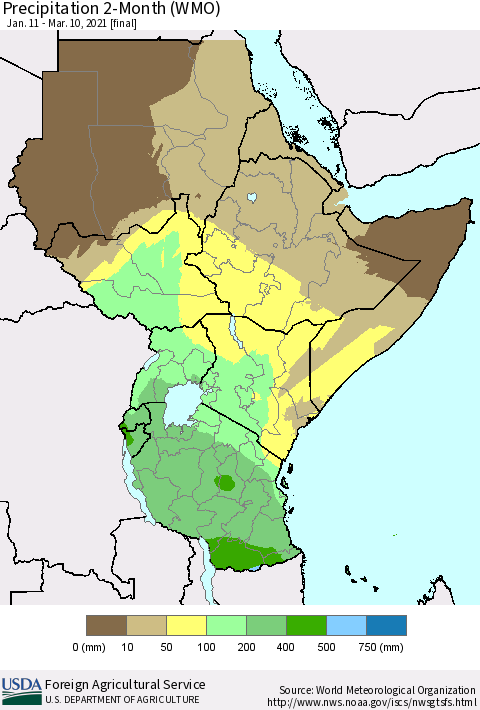 Eastern Africa Precipitation 2-Month (WMO) Thematic Map For 1/11/2021 - 3/10/2021