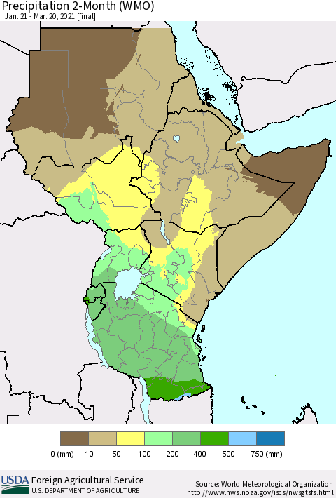 Eastern Africa Precipitation 2-Month (WMO) Thematic Map For 1/21/2021 - 3/20/2021