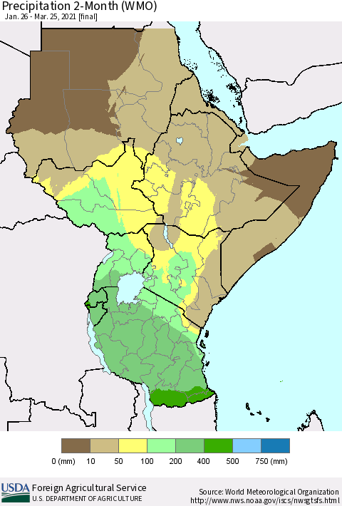 Eastern Africa Precipitation 2-Month (WMO) Thematic Map For 1/26/2021 - 3/25/2021