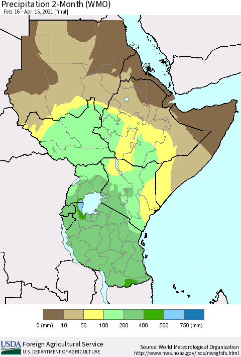Eastern Africa Precipitation 2-Month (WMO) Thematic Map For 2/16/2021 - 4/15/2021