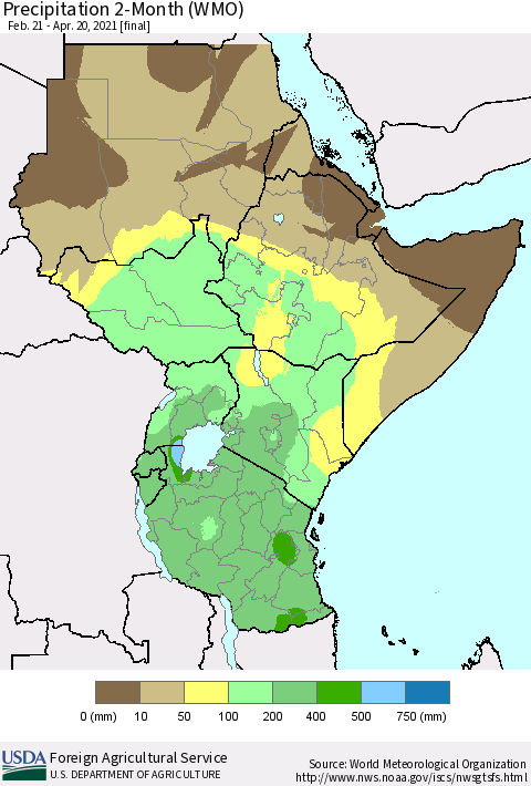 Eastern Africa Precipitation 2-Month (WMO) Thematic Map For 2/21/2021 - 4/20/2021