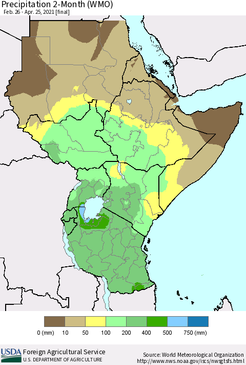 Eastern Africa Precipitation 2-Month (WMO) Thematic Map For 2/26/2021 - 4/25/2021