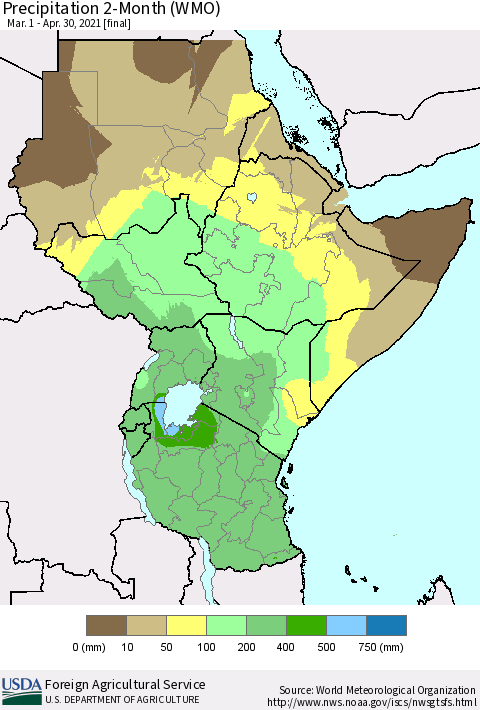 Eastern Africa Precipitation 2-Month (WMO) Thematic Map For 3/1/2021 - 4/30/2021