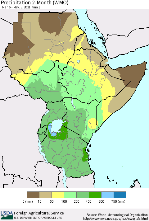 Eastern Africa Precipitation 2-Month (WMO) Thematic Map For 3/6/2021 - 5/5/2021