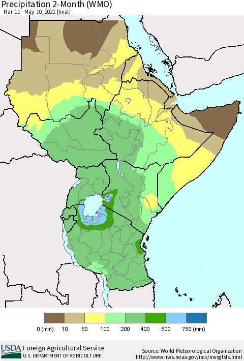 Eastern Africa Precipitation 2-Month (WMO) Thematic Map For 3/11/2021 - 5/10/2021